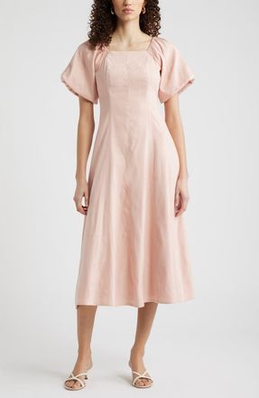 Nordstrom Seam Detail Linen Blend Midi Dress in Pink Smoke at Nordstrom, Size Xx-Small