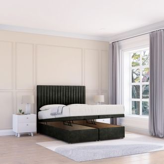 Sloomy Manhattan Dumfries Fabric Ottoman Bed End Opening With Sprung Memory Mattress & 26 Inch strut Headboard in Black | Size: Single