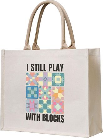 Generic I Still Play With Blocks Canvas Tote Bag For Sewers & Knitters, Sewing Theme Reusable Grocery Bag, Funny Crafting Gift For Women, Large Capacity Canva