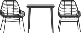 vidaXL 3 Piece Garden Dining Set Black Poly Rattan Glass Vidaxl