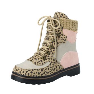 Generic Winter Stylish Ladies High Top Ankle Boots with Leopard Patchwork Design Round Toe Elasticated Lace Up Short Footwear for Women (Brown, 5. 5)