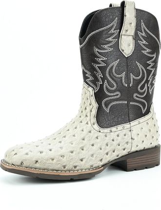 Generic Cowboy Boots for Men Square Toe Western Boot Durable Retro Classic Crocodile Print Pull on Shoes Slip Resistant,White and Brown,10.5 UK