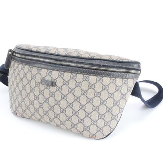 Gucci Beige Navy Leather Coated Canvas Shoulder Bag Sling Bag (Pre-Owned)