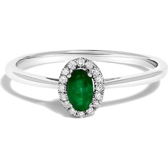 House of Brilliance 10K White Gold Oval and Diamond Accent Halo Birthstone Ring in Green Emerald at Nordstrom, Size 6.5