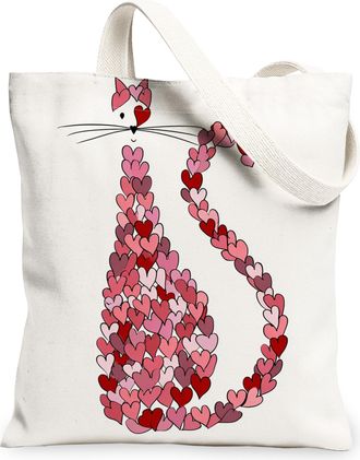 Generic Cute Cat Hearts Canvas Tote Bags, Artistic Heart Pattern Reusable Grocery Bags, Lightweight Washable Shoulder Strap Canvas, White, 13x15 Inch