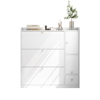 STILVORA Mueble Zapatero Con 3 Puertas Abatibles, 1 Caj&oacute;n, Estantes Ajustables Y Banco Plegable Para Entrada 119&times;24&times;122 Cm