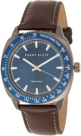 Perry Ellis Solar Powered 3-Hand Quartz Faux Leather Strap Watch, 41mm in Brown at Nordstrom Rack