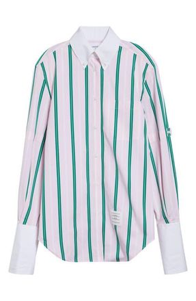 Thom Browne Repp Stripe Oversize Button Armband Cotton Poplin Button-Down Shirt in Light Pink at Nordstrom, Size 2 Us