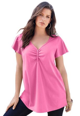 Roaman's Plus Size Cotton Ultimate Flutter Sleeve Sweetheart Tee in Vintage Rose at Nordstrom, Size 16