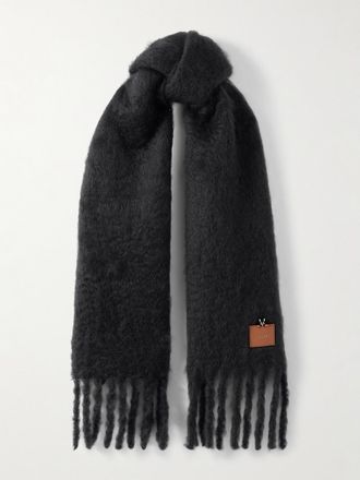 Loewe Sciarpa In Misto Mohair Con Frange, Ricamo E Logo Applicato - Nero