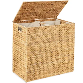 Best Choice Products Large Natural Water Hyacinth Double Laundry Hamper Basket w/ 2 Liner Bags, Handles
