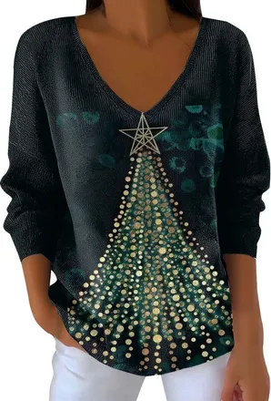 Generic Christmas Jumpers for Women Xmas Santa V Neck Knitted Jumpers Long Sleeve Christmas Shirts Oversized Pullover Holiday Sweaters Plus Size Festive Knitw