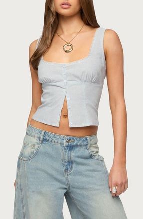 Edikted Katiya Pinstripe Crop Cotton & Linen Button-Up Top in Blue-And-White at Nordstrom, Size X-Small