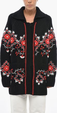 Moncler Maxi Cardigan in Lana Vergine Ricamato Moncler