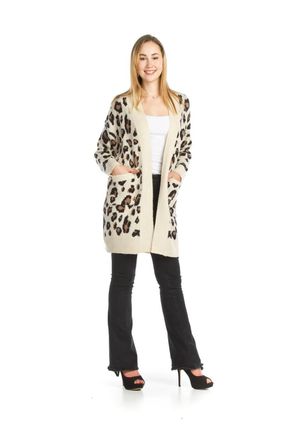 Papillon Knit Leopard Cardigan With Patch Pockets In Beige