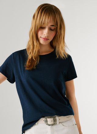Pepe Jeans London T-Shirt PEPE JEANS MEGAN, Damen, Gr. XL, dulwich blau, Leinenmischung, Obermaterial: 50% Baumwolle, 50% Leinen, unifarben, Basic h&uuml;ftlang, Rundhals, a