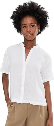Eileen Fisher Organic Handkerchief Linen Mandarin Collar Short Sleeve Shirt Womens Clothing White : LG