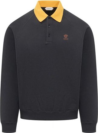 Versace Geborduurd katoenen polo sweatshirt - Heren - Sweatshirts - Blauw - M - Katoen - Hoodies & sweatvesten