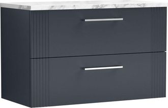 Nuie Nuie - Deco Wall Hung 2-Drawer Vanity Unit with Carrera Marble Worktop 800mm Wide - Satin Anthracite