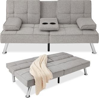Best Choice Products Modern Linen Convertible Futon Sofa Bed w/ Removable Armrests, Metal Legs, Cupholders