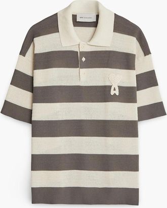 Ami Mens Ajoure Striped Knitted Polo Cream - Size: 36
