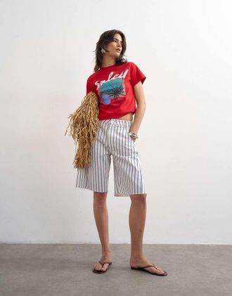 Topshop Jorts bombati in denim blu a righe