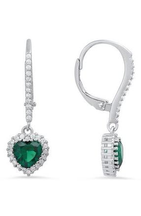 Queen Jewels Sterling Silver Cubic Zirconia Halo Birthstone Heart Drop Earrings in Emerald/silver - May at Nordstrom Rack