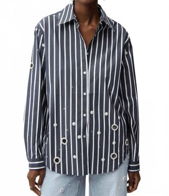 Joseph Ribkoff Stripe Embellished Button-Down Boxy Shirt In Midnight Blue/vanilla