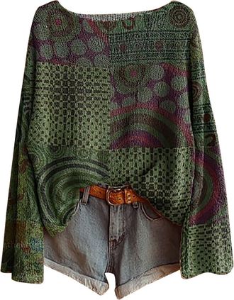 Generic Lightweight Jumpers for Women Uk Ladies Vintage Boho Floral Crochet Sweater Oversized Boat Neck Long Sleeve Pullover Tops Lightweight Ribbed Knit Bohe