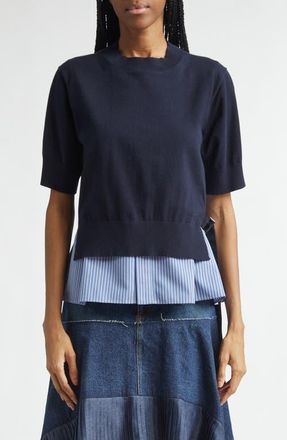 sacai Mixed Media Poplin & Knit Sweater in Navy/Blue Stripe at Nordstrom, Size 2