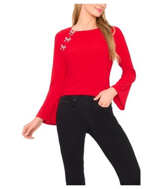 CeCe by Cynthia Steffe Top Womens Mulberry Red Bow Embellished Kimono Sleeve Blouse GBO3624