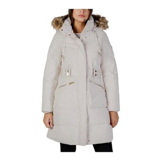Guess Winter Jackets, female, Beige, Size: 2XL Hooded Long Sleeve Zip Jacket with Front Pockets