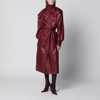 Saint Laurent Burgundy waterproof nylon trench coat with lavalli&egrave;re