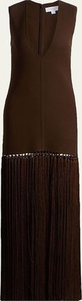Michael Kors Deep V-Neck Wool Crepe Tassel Maxi Dress