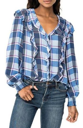Gibsonlook Plaid Ruffle Shirt in Blue Plaid at Nordstrom Rack, Size Xx-Small