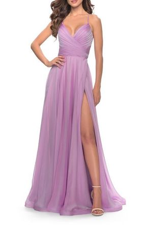 La Femme Chiffon Prom Dress with Ruched Bodice and Slit in Lavender at Nordstrom, Size 10