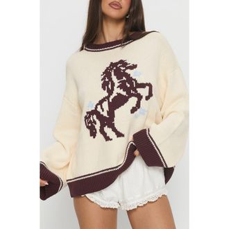 Princess Polly Rhianonn Horse Graphic Cotton Blend Sweater in Cream /Brown at Nordstrom, Size 10