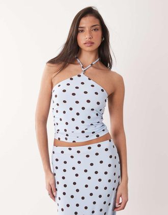 Forever New Top allacciato al collo blu a pois in coordinato