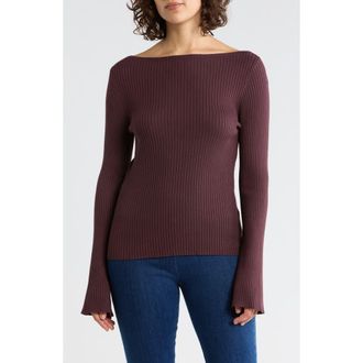 Leith Boat Neck Flare Sleeve Sculpt Sweater in Burgundy Fudge at Nordstrom Rack, Size X-Small
