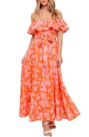 Flying Tomato Floral Off the Shoulder Short Sleeve Maxi Dress in Orange at Nordstrom Rack, Size Medium