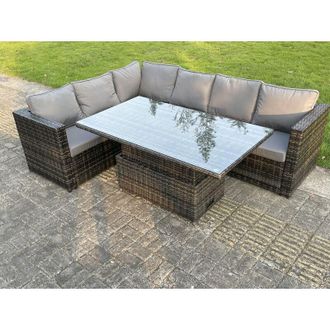 Fimous 6 Seater pe Rattan Corner Sofa Set Rising Adjustable Dining Table Set With Seat And Back Cushion - Fimous