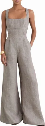 Reiss Flora Square Neck Wide Leg Linen Jumpsuit in Neutral at Nordstrom, Size 14