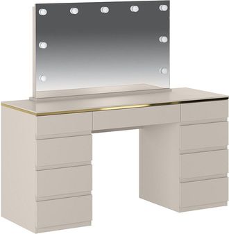Vente-Unique Tocador con espejo LED - 9 cajones - Beige y dorado - VUKIA