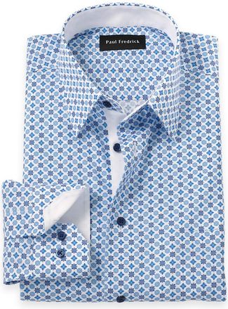 Paul Fredrick Tailored Fit Non-iron Cotton Geometric Dress Shirt With Contrast Trim
