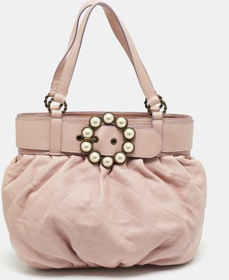 Moschino Belt Pearl Embellished Lilac Quilted Leather Tote