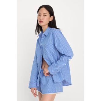 Good American Womens Poplin Classic Boxy Shirt | Blue & White Stripe, Size Medium | Good American by Khlo&Egrave; Kardashian