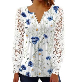 Generic Womens Long Sleeve Blouse V Neck Lace Crochet Tops Henley Shirts UK Elegant Flowy Ladies Blouses Dressy Buttons Up Tunic Tops Casual Office Business E