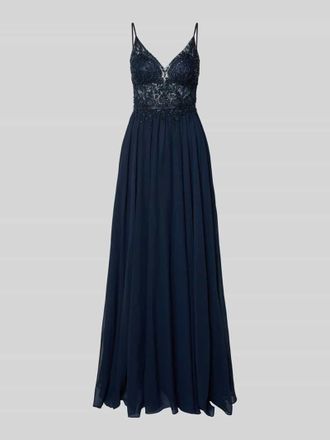 Jake*s Regular Fit Abendkleid mit floralem Spitzenbesatz in Marine Melange, Gr&ouml;&szlig;e 32