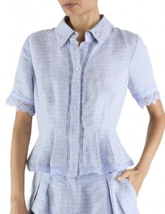 Ramy Brook Becky Peplum Short Sleeve Top In Bazaar Blue Linen