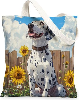 Generic Spring Dalmatian Dog Canvas Tote Bag for Shopping 13x15, Sunflower Fence Puppy Reusable Grocery Print Bag for Women, Farmhouse Pet Beach Aesthetic Pai
